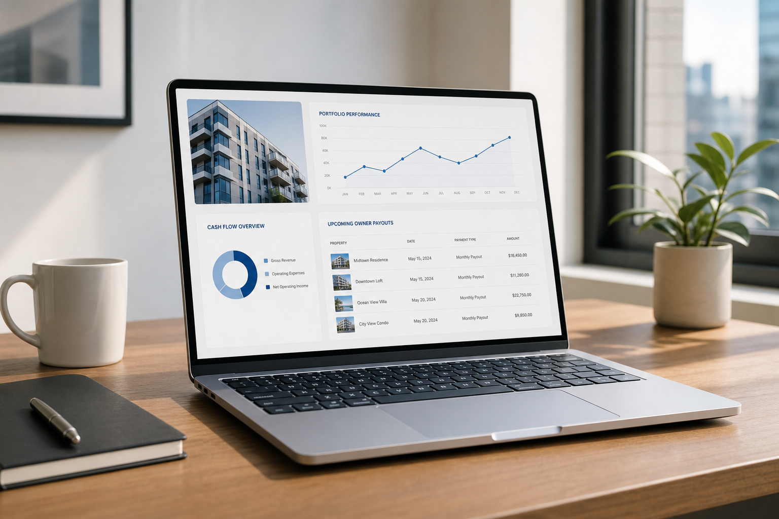 Laptop showing a financial dashboard beside a white coffee mug on a desk