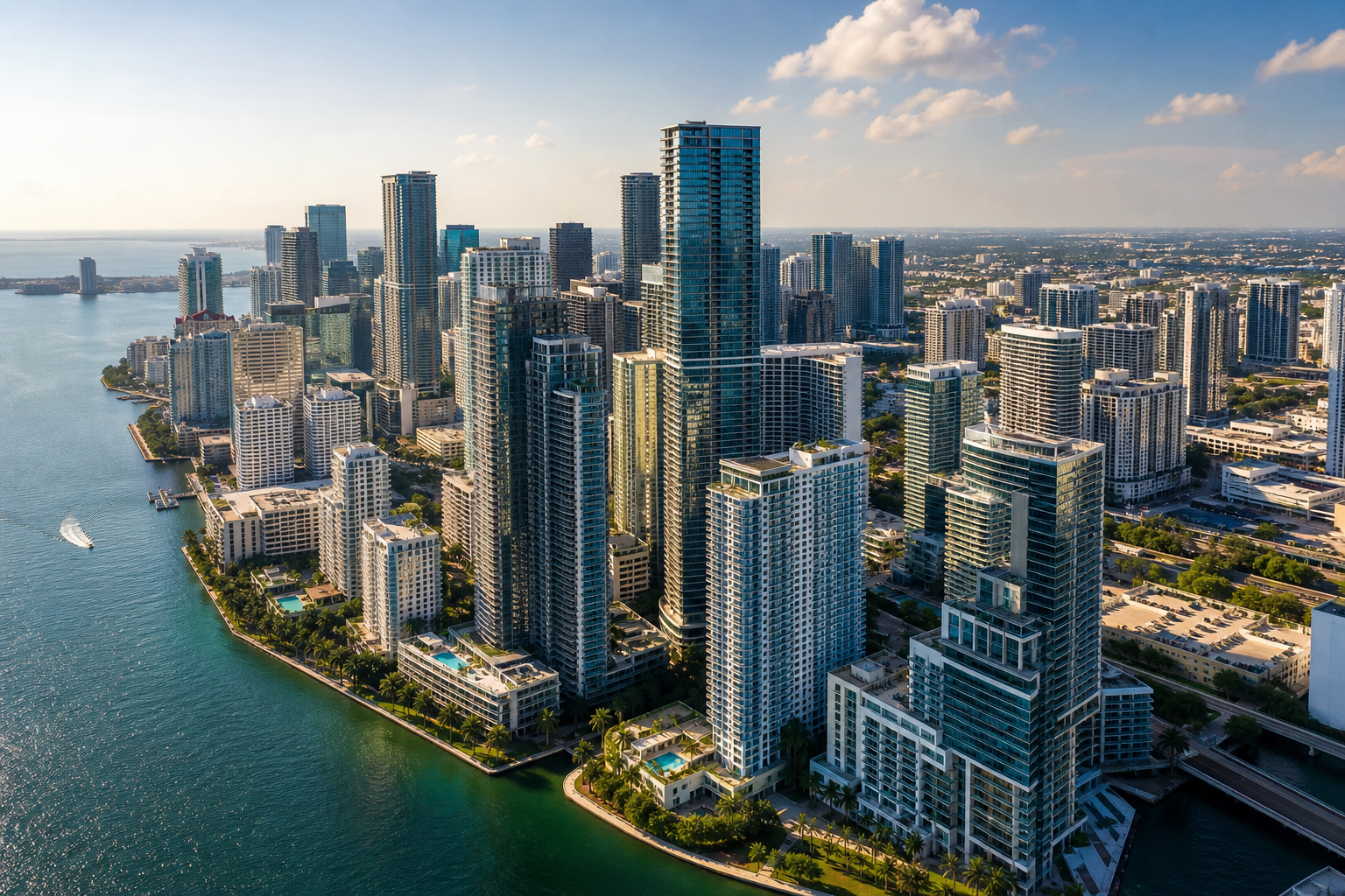 Aerial view of Downtown Miami skyline with modern high-rise residential towers and waterfront districts at golden hour