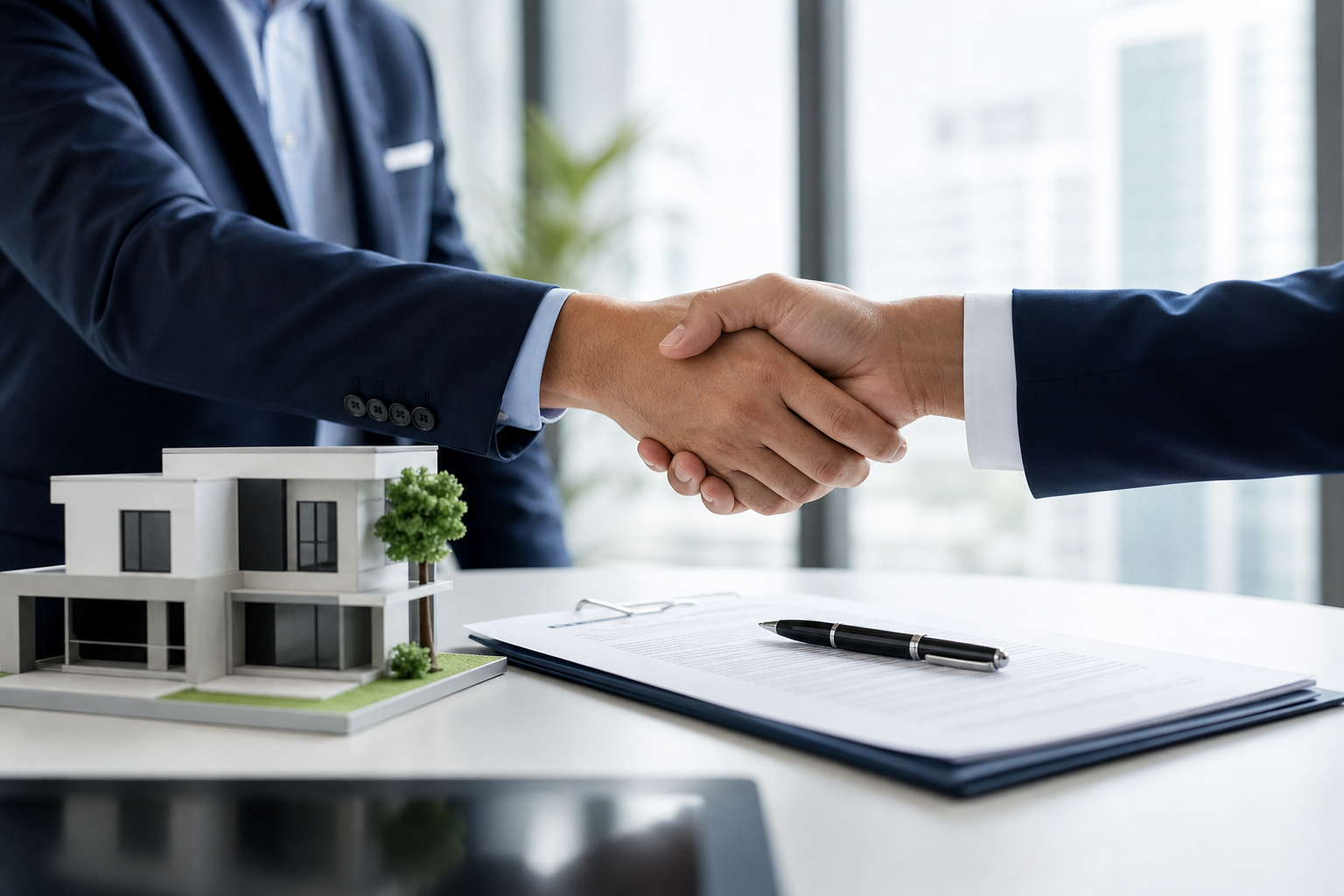 Handshake over a desk with a house model and paperwork