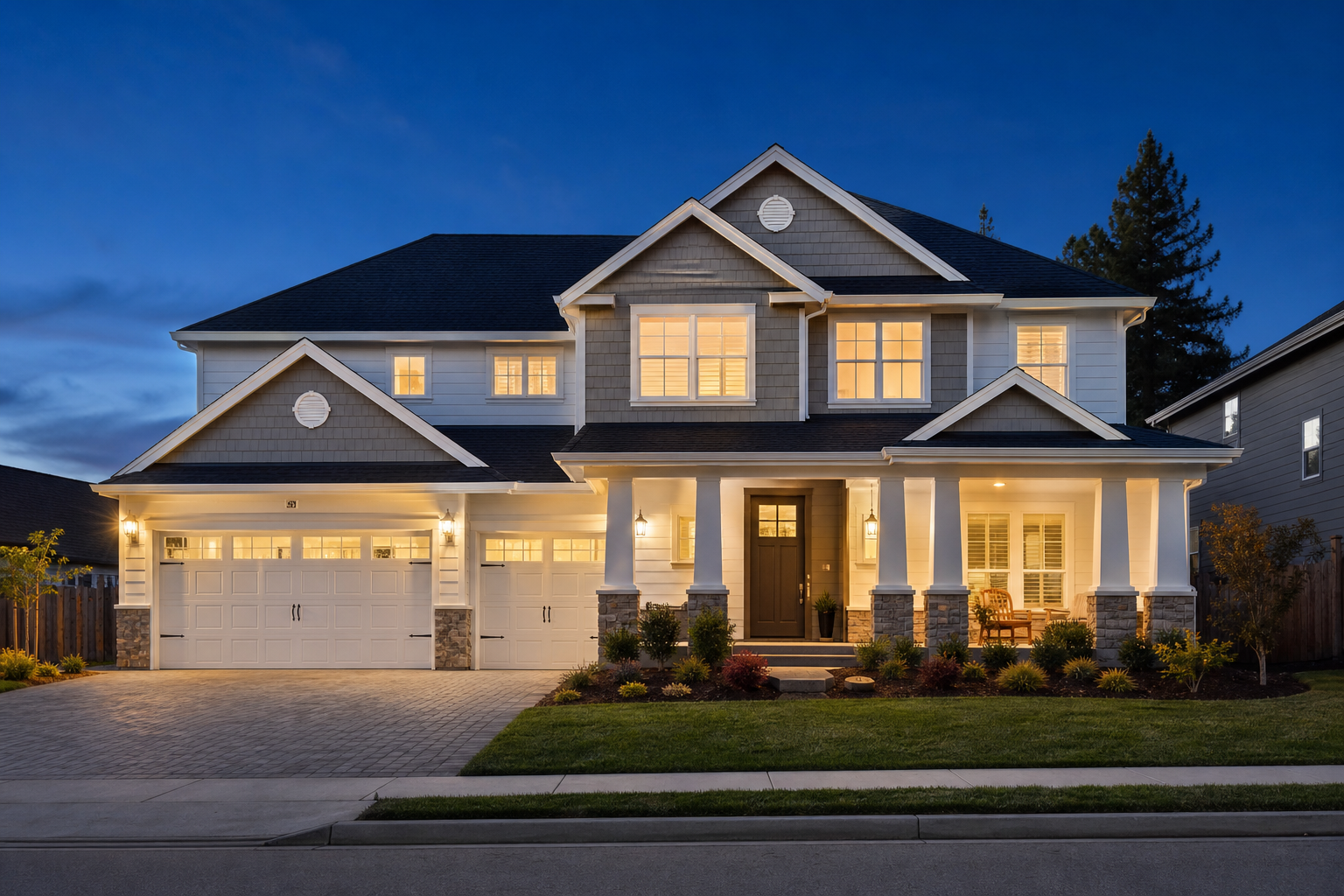 Suburban house exterior at dusk with warm indoor lights glowing