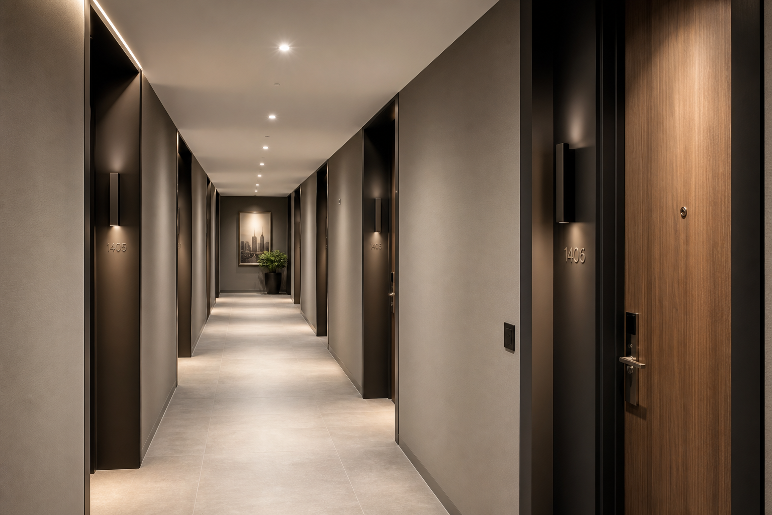 Modern apartment corridor with clean lines and bright lighting