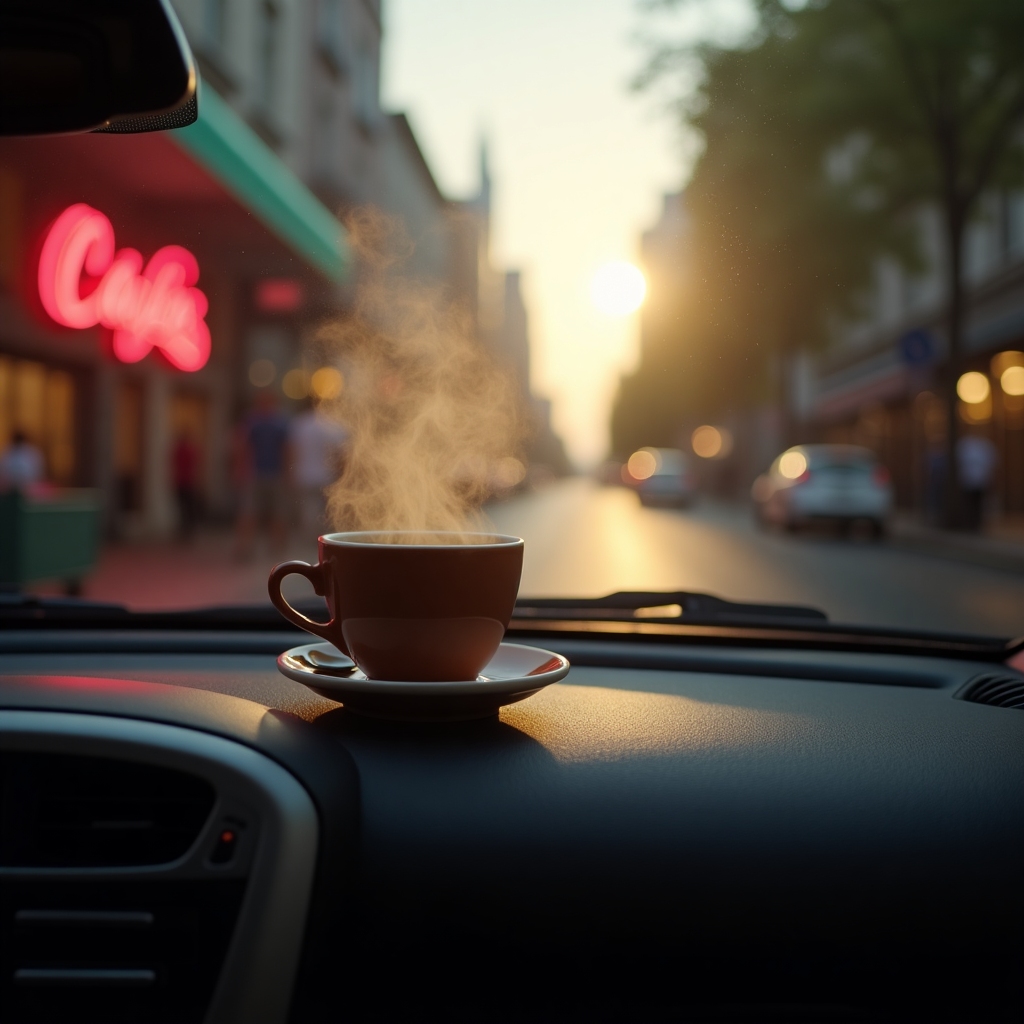 Steaming coffee cup on car dashboard with glowing neon reflections