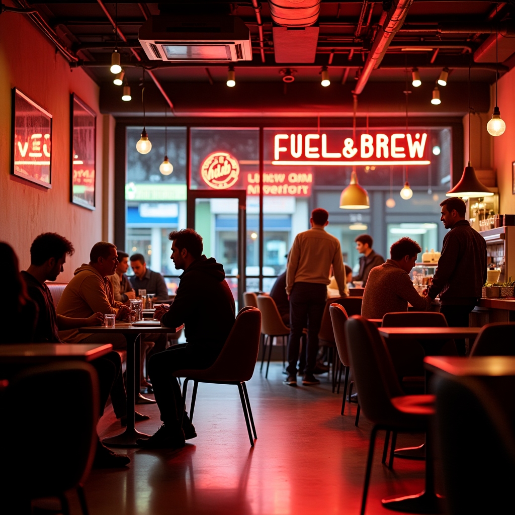 Cozy Fuel & Brew café interior with travelers chatting, neon accents
