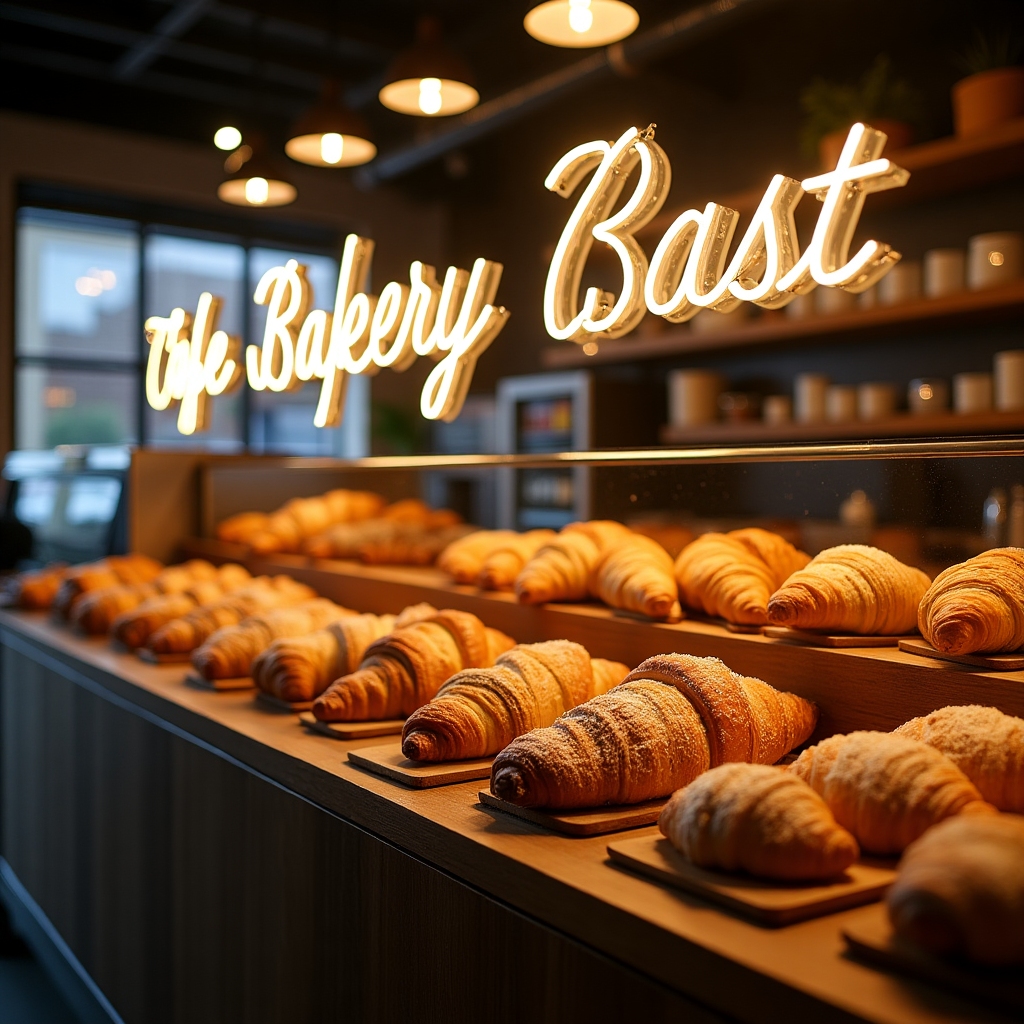 Bakery and croissant display with neon highlights