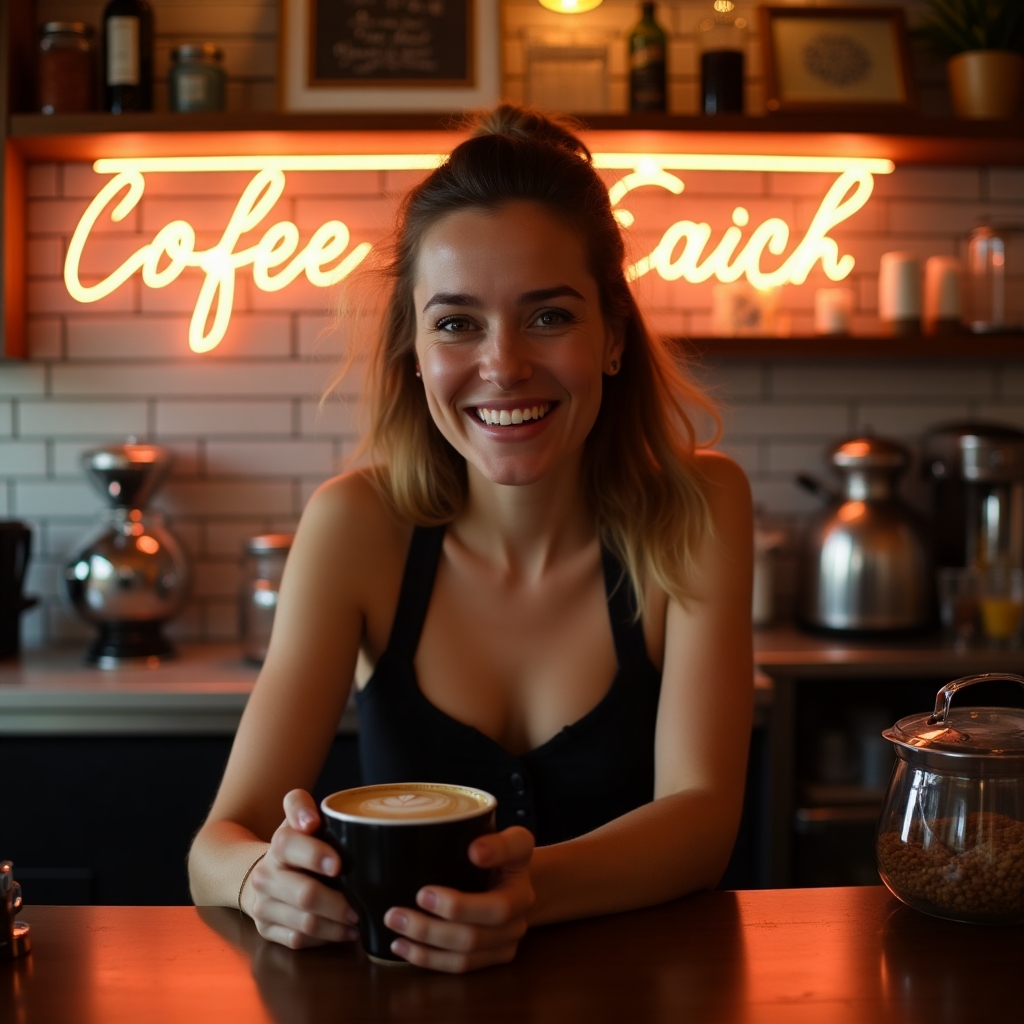 Barista with neon-lit counter, smiling and holding a coffee