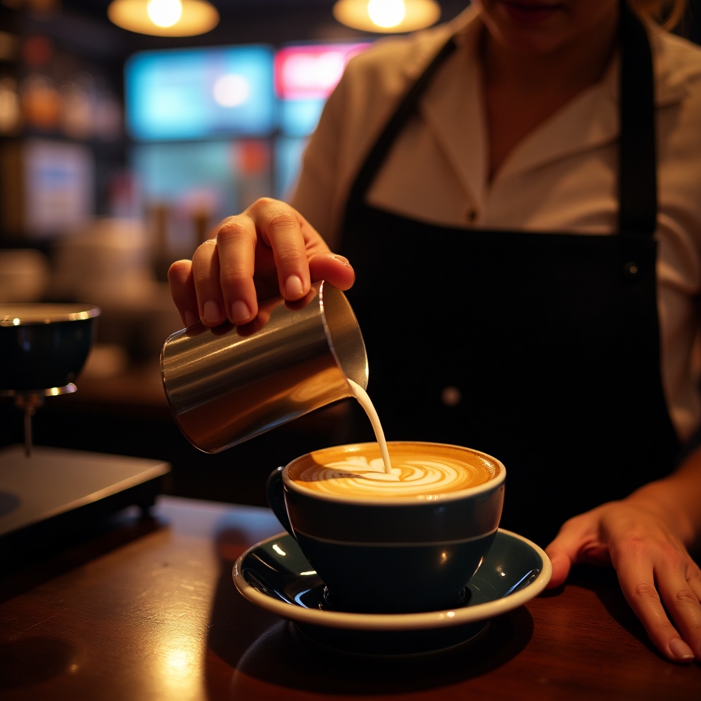 Barista pouring latte art in a neon-lit cup