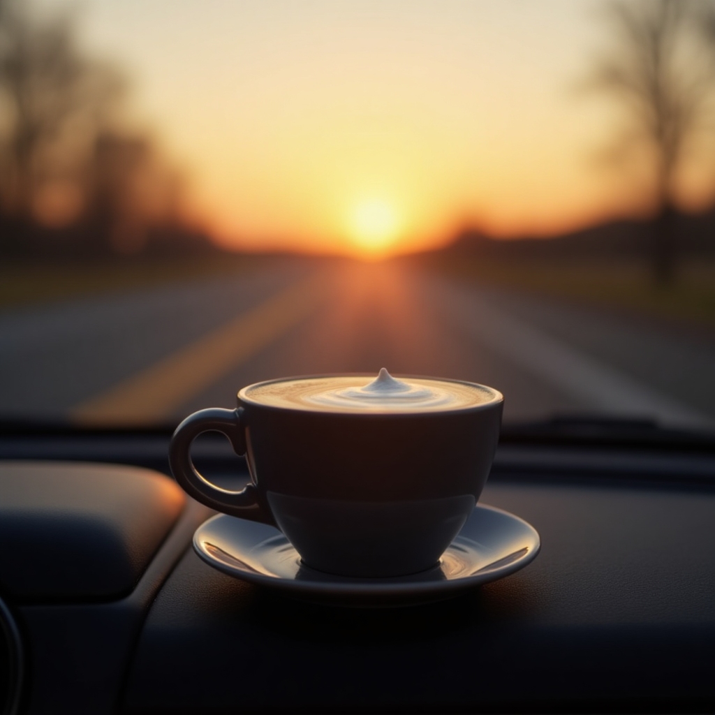 Coffee cup on dashboard with sunrise and neon accents
