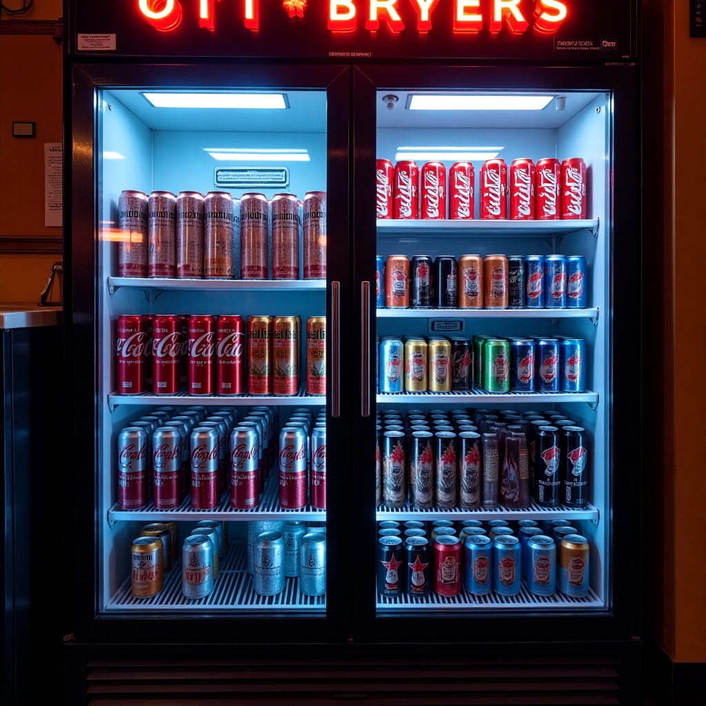 Fridge of energy drinks and cold brews in neon-lit station