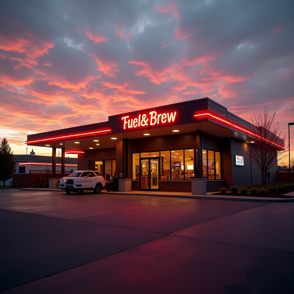 Fuel & Brew station at sunrise with neon sign glowing