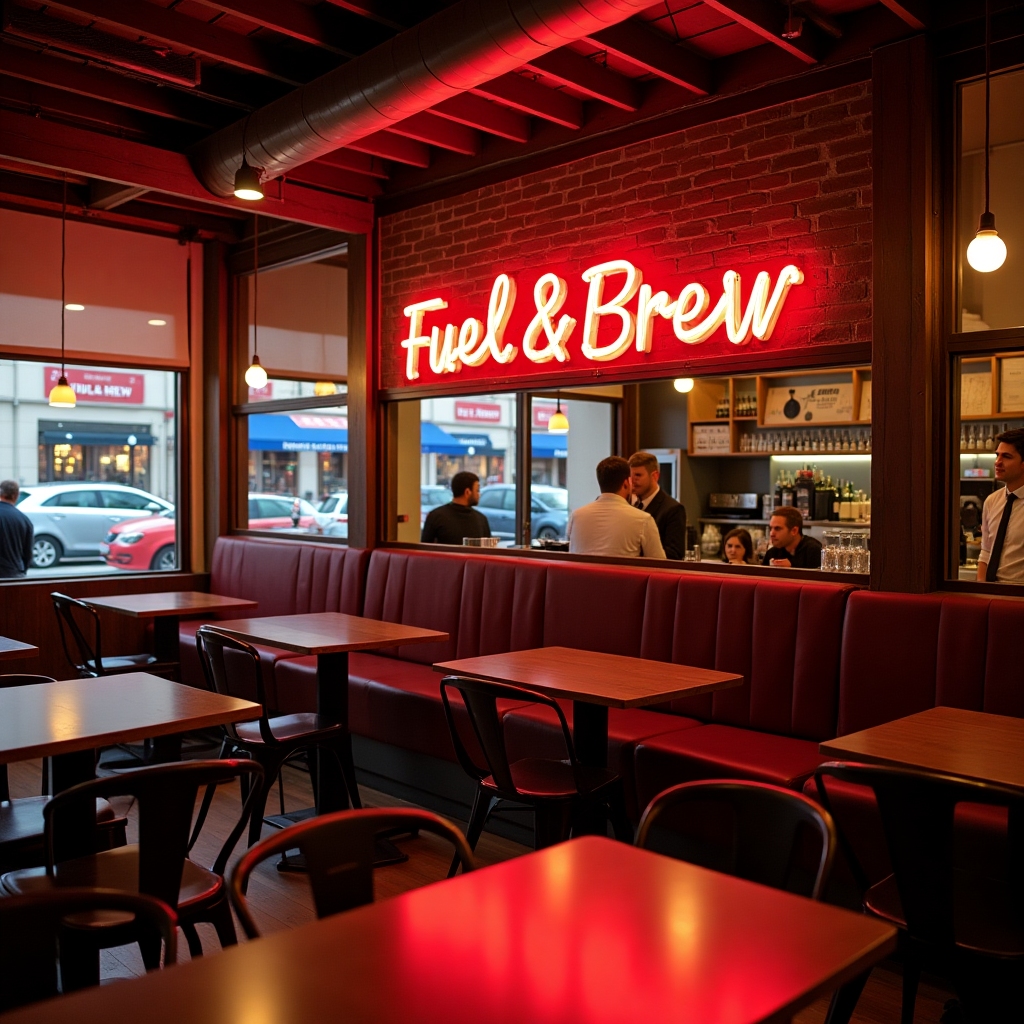 Cozy Fuel & Brew interior with neon glow and comfy seating