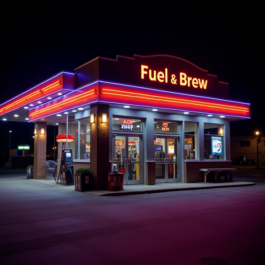 Night shot of Fuel & Brew station with neon lights shining