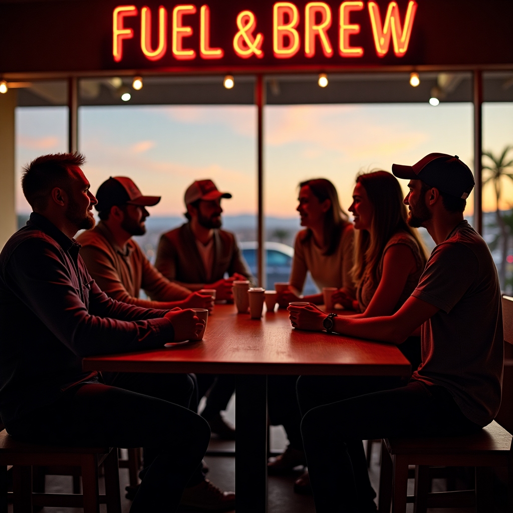 Travelers sharing coffee at the station, road trip energy