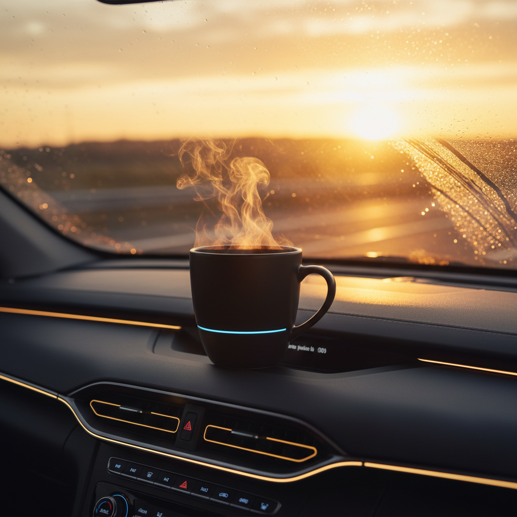 Steaming coffee cup on car dashboard at sunrise, condensation on window