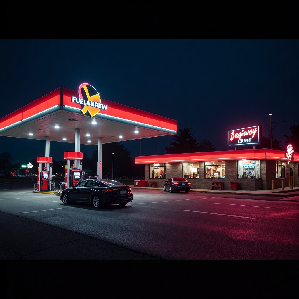 Night road scene, Fuel & Brew pumps glowing, cars, and neon-lit café