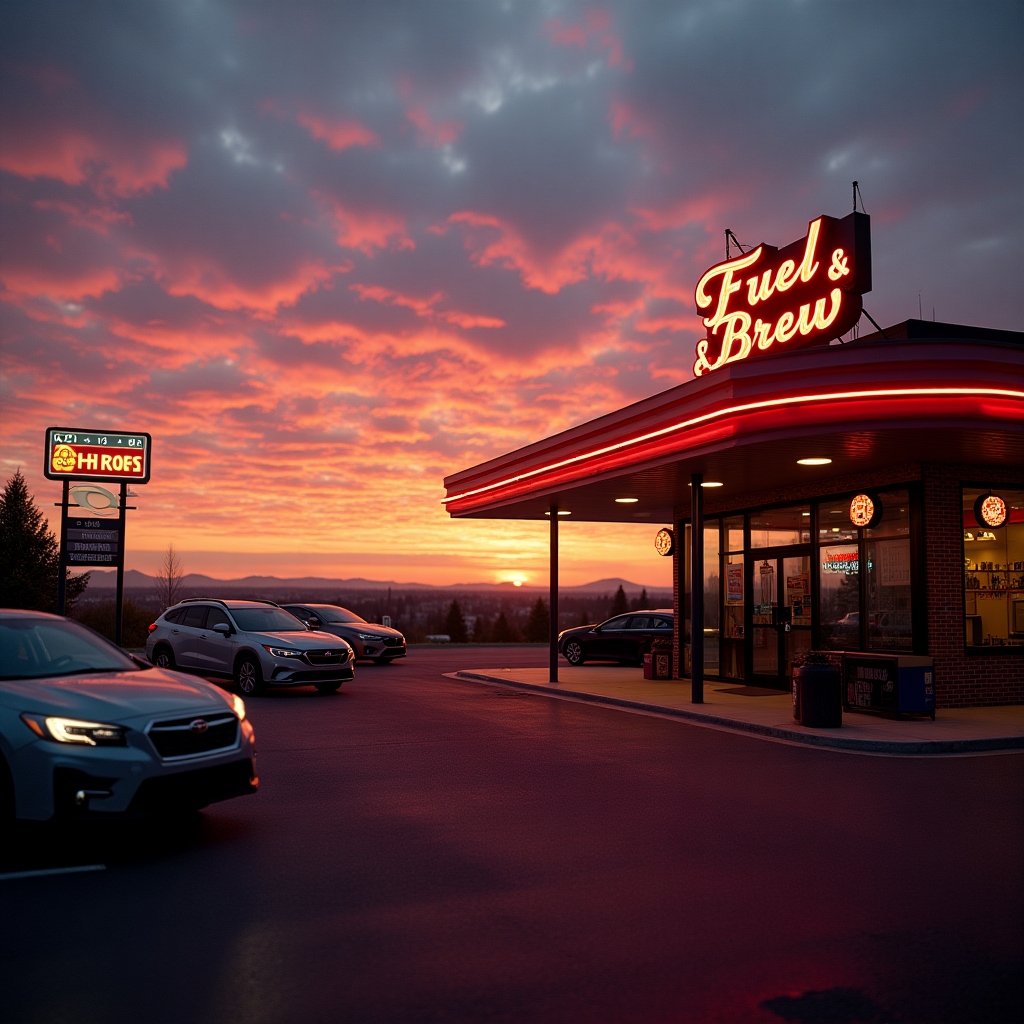 Panoramic sunrise at Fuel & Brew station with neon signage