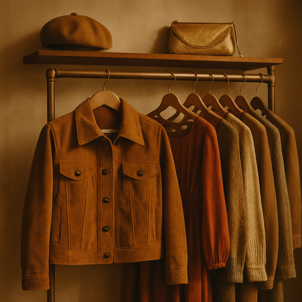 Warm film-style photo of a vintage boutique rack featuring a caramel suede jacket, rust midi dress, and muted gold accessories under soft ambient lighting
