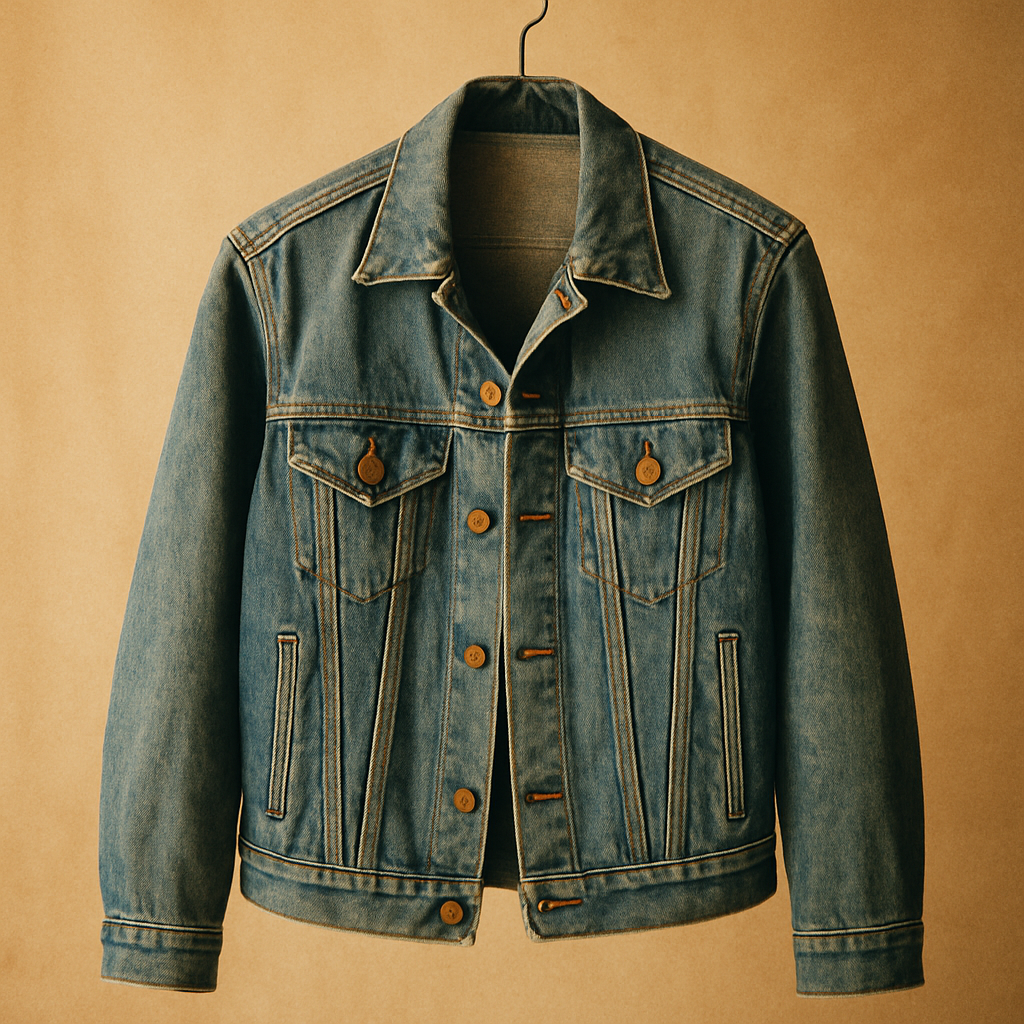 Sun-faded indigo denim jacket with brass buttons and soft wear at the seams, photographed on a warm studio backdrop