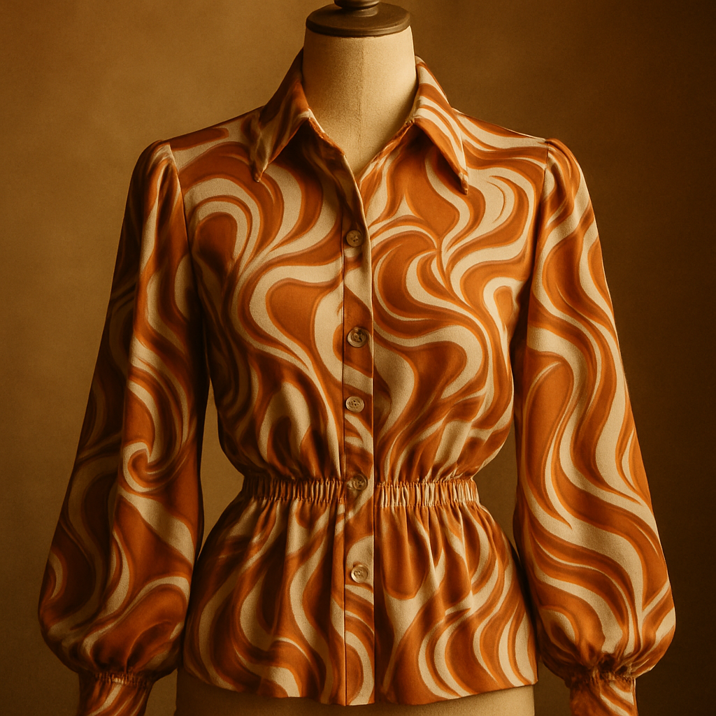 Silky patterned blouse with warm rust and cream swirls, cinched waist and soft drape, styled on a mannequin