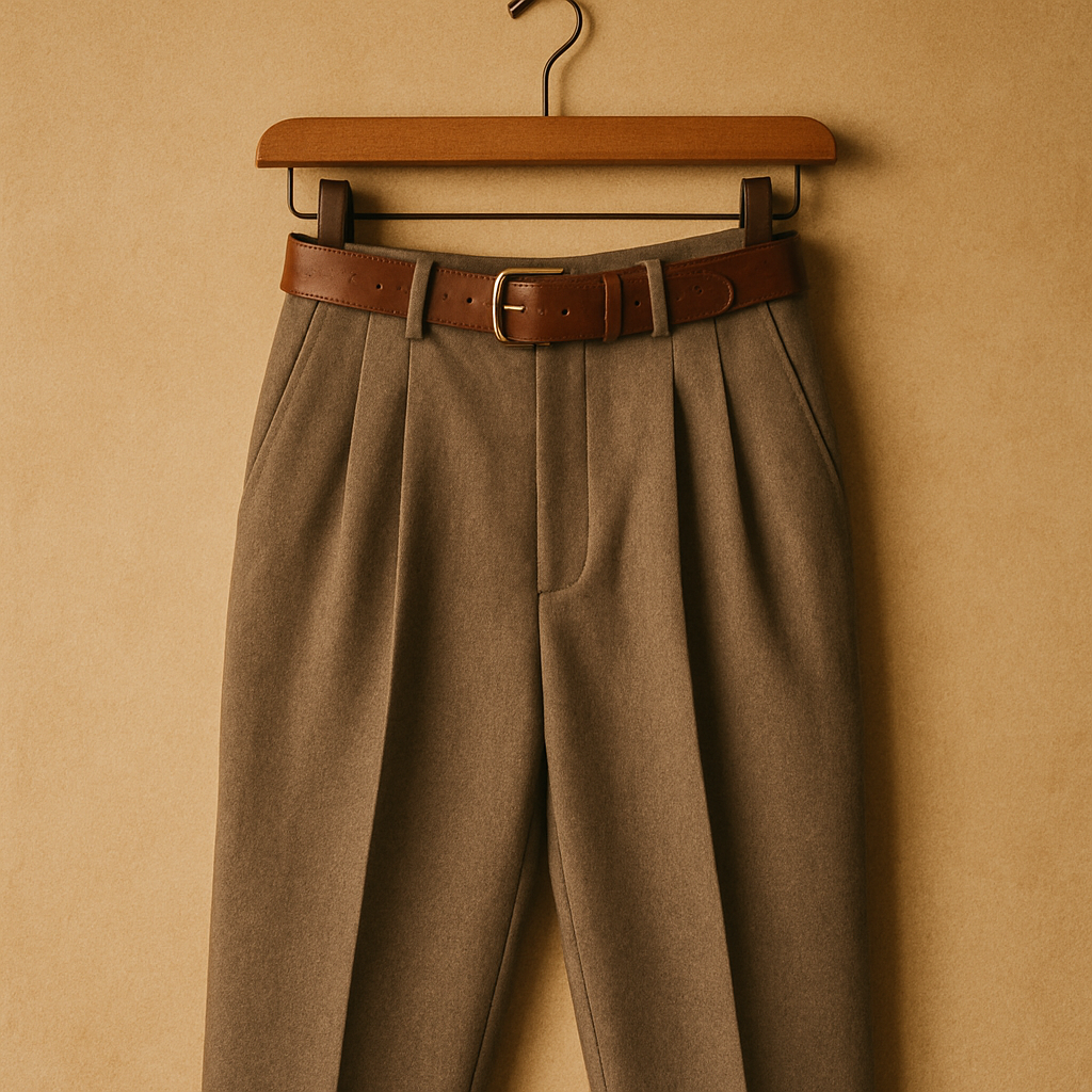 High-waisted tailored trousers in muted taupe wool, sharp pleats, paired with a leather belt