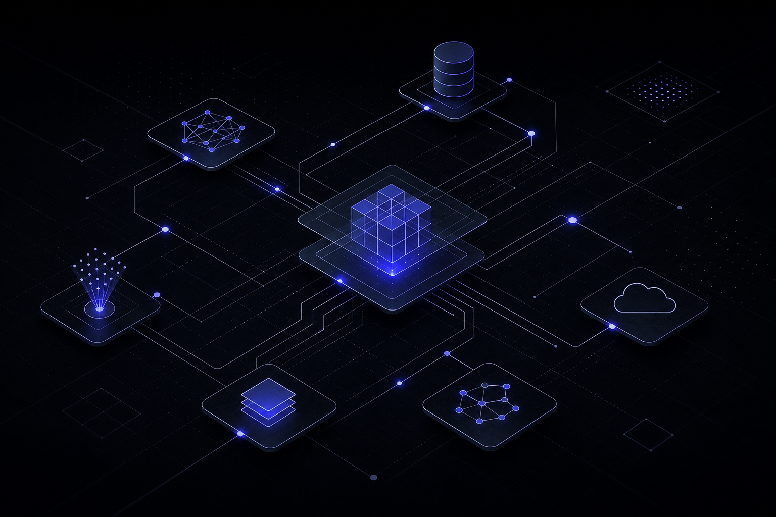 Abstract structural AI network diagram with connected data nodes and architectural lines
