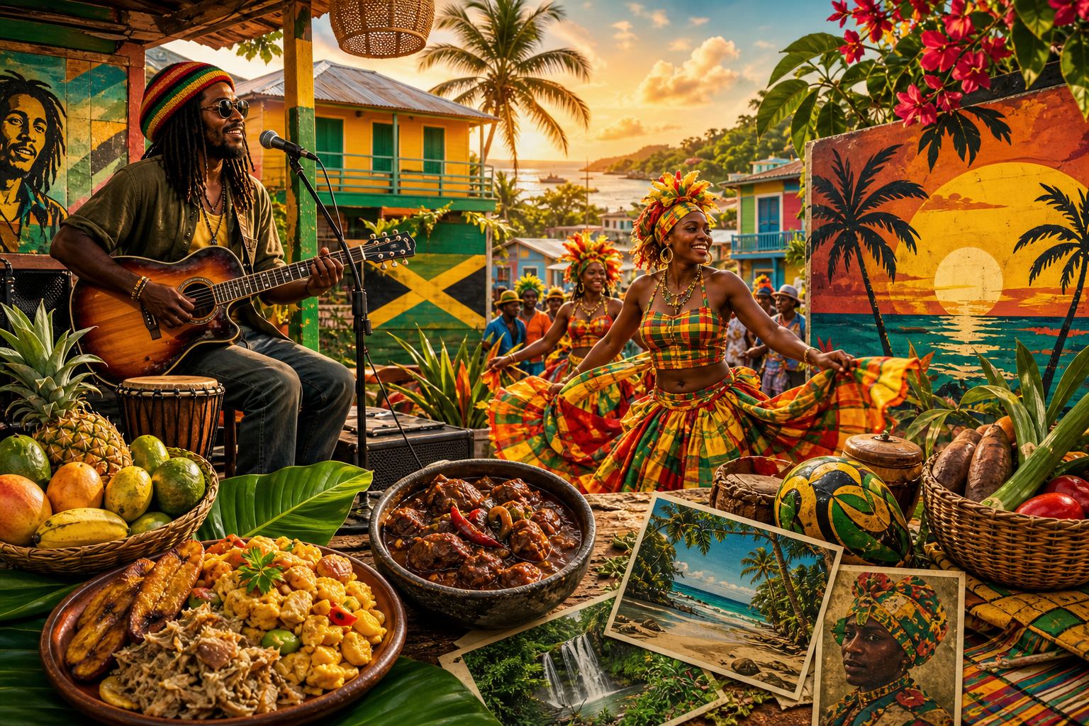 A lively Jamaica-inspired collage with music, food, festival color, and island warmth