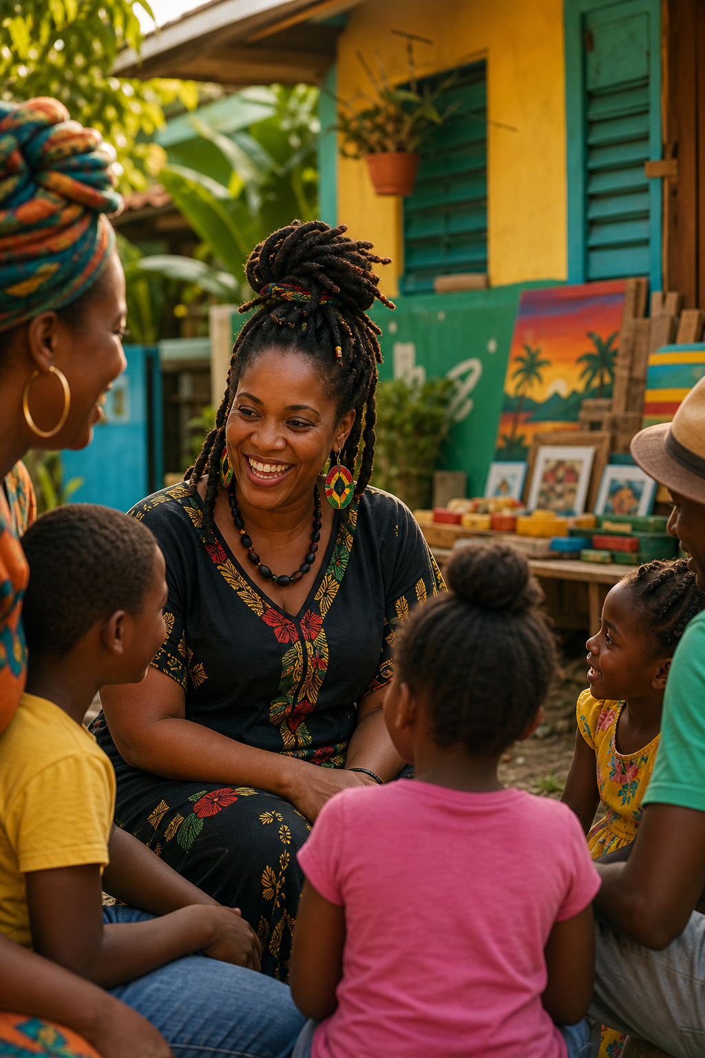 Warm portrait scene of a Jamaican female founder smiling with local families and children in a colorful neighborhood setting