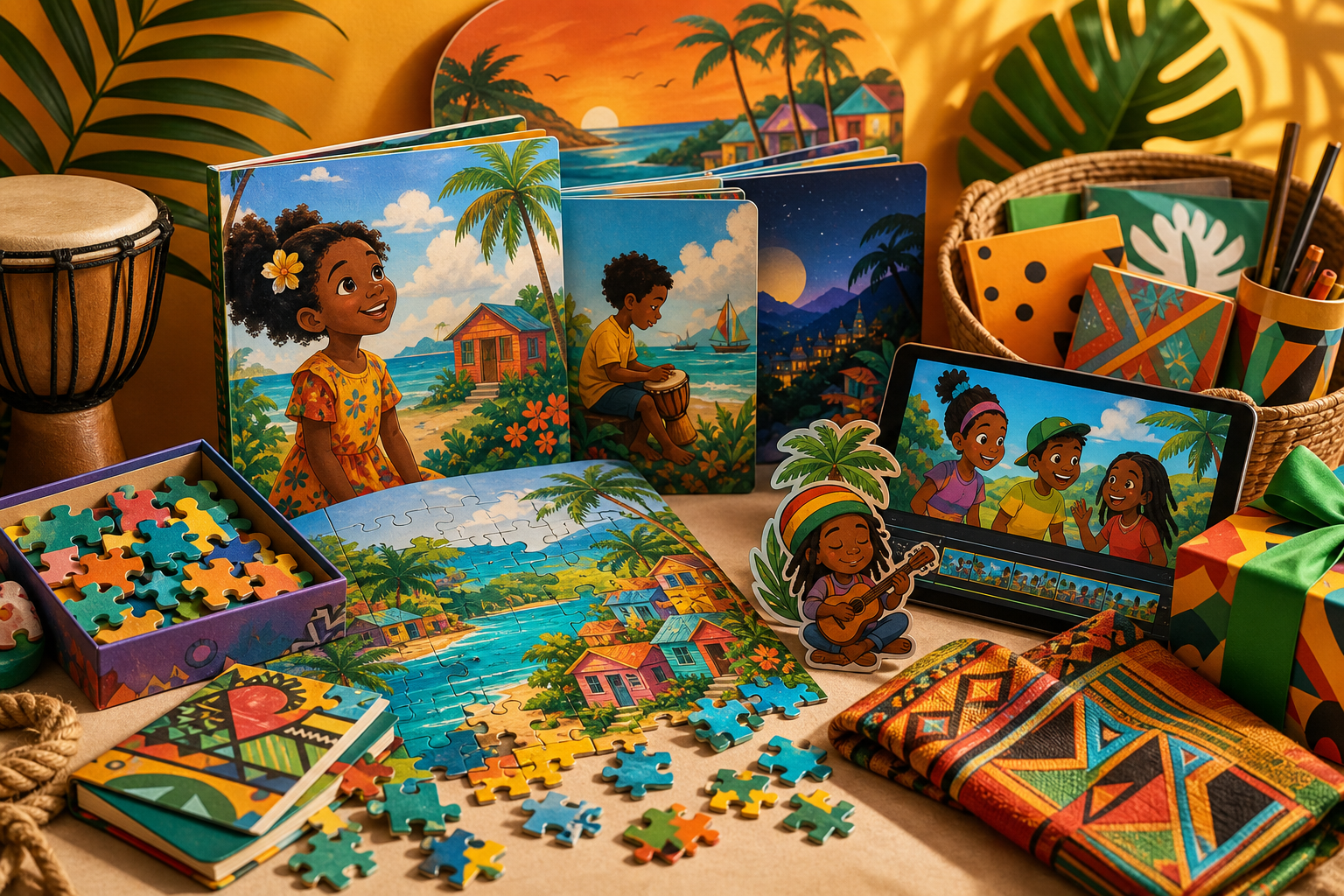Vibrant editorial arrangement of Jamaican-inspired creative products with books, puzzle pieces, illustrated packaging, and tropical motifs