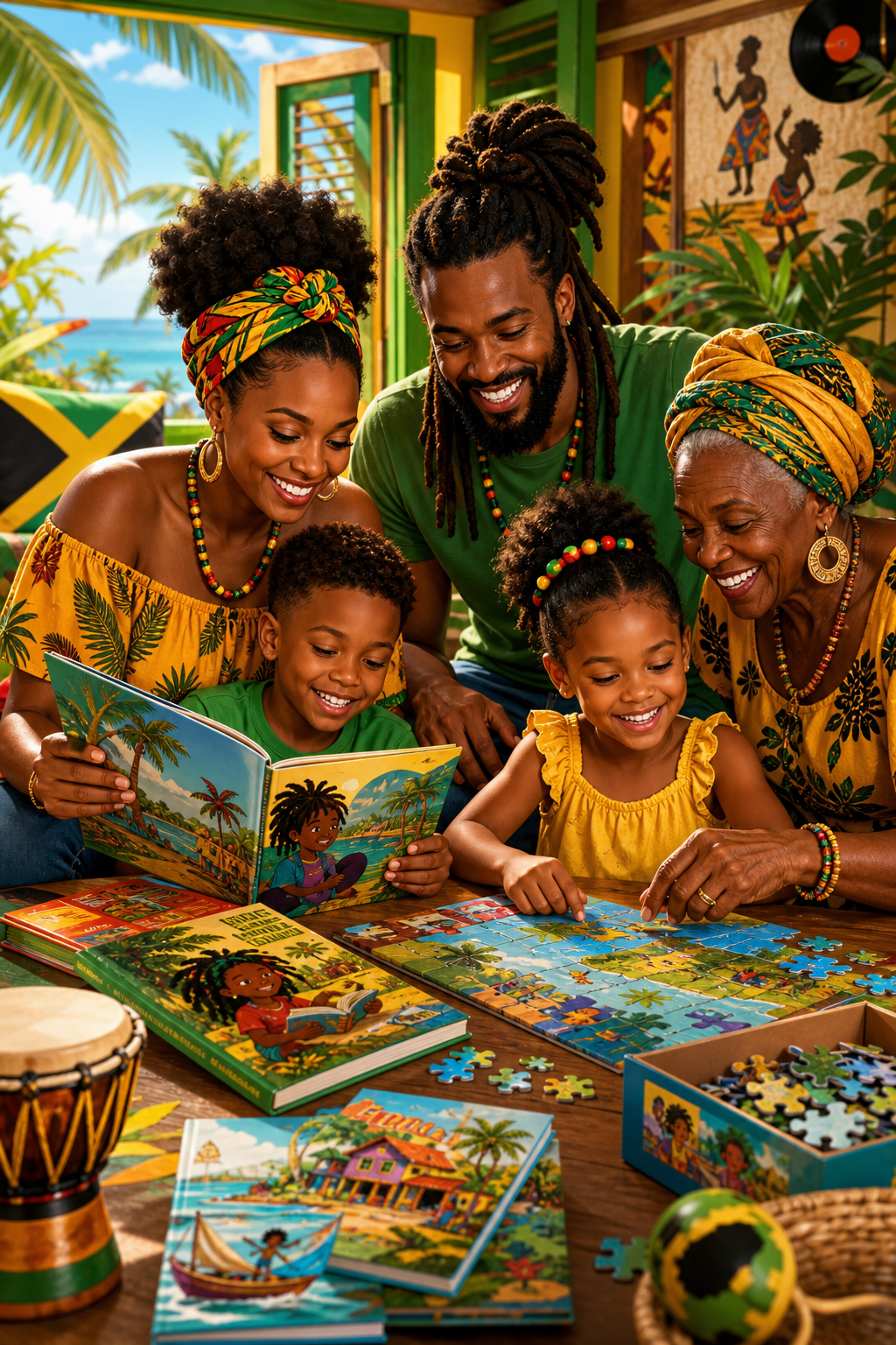 Vibrant family-friendly Jamaican creative scene with books, puzzle play, and joyful island colors