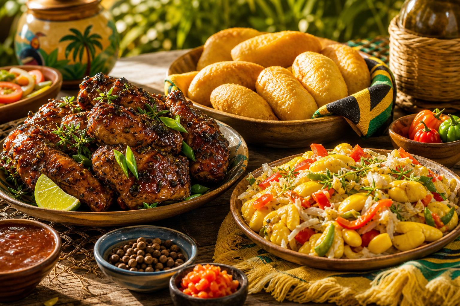 Inviting Jamaican food spread with jerk chicken, festival, ackee and saltfish, and warm island table styling