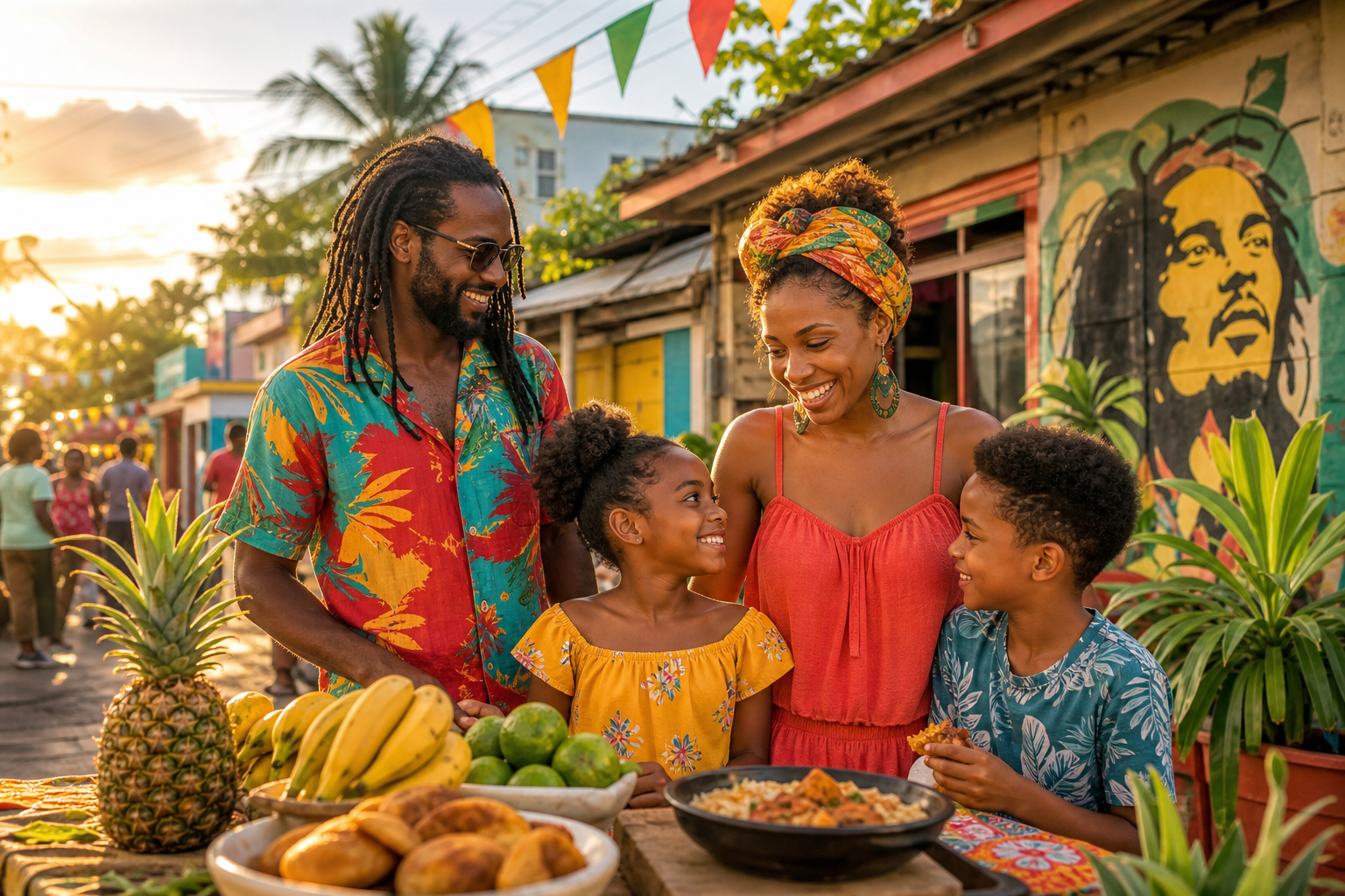 Warm, colorful Jamaican cultural lifestyle scene with music, food, and festival energy in a joyful neighborhood setting