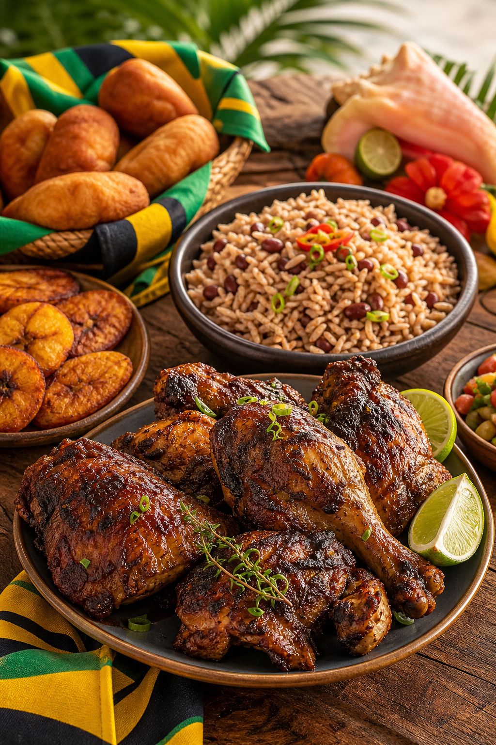 Vibrant Jamaican food spread with jerk chicken, rice and peas, fried plantains, and colorful tropical sides on a rustic wooden table