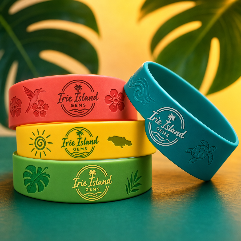 Branded Irie Island Gems armbands mockup featuring a set of colorful silicone bands in island-inspired tones