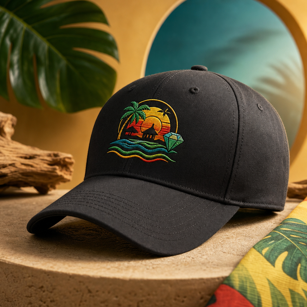Branded Irie Island Gems cap mockup with island-toned embroidery and soft studio lighting