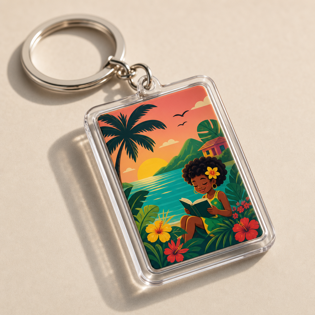 Branded Irie Island Gems keychain mockup with colorful acrylic charm and metal ring