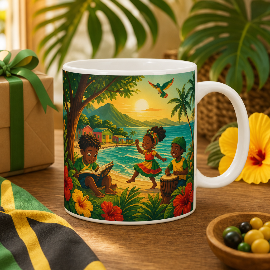 Branded Irie Island Gems ceramic mug mockup with playful island artwork in a cozy lifestyle setup