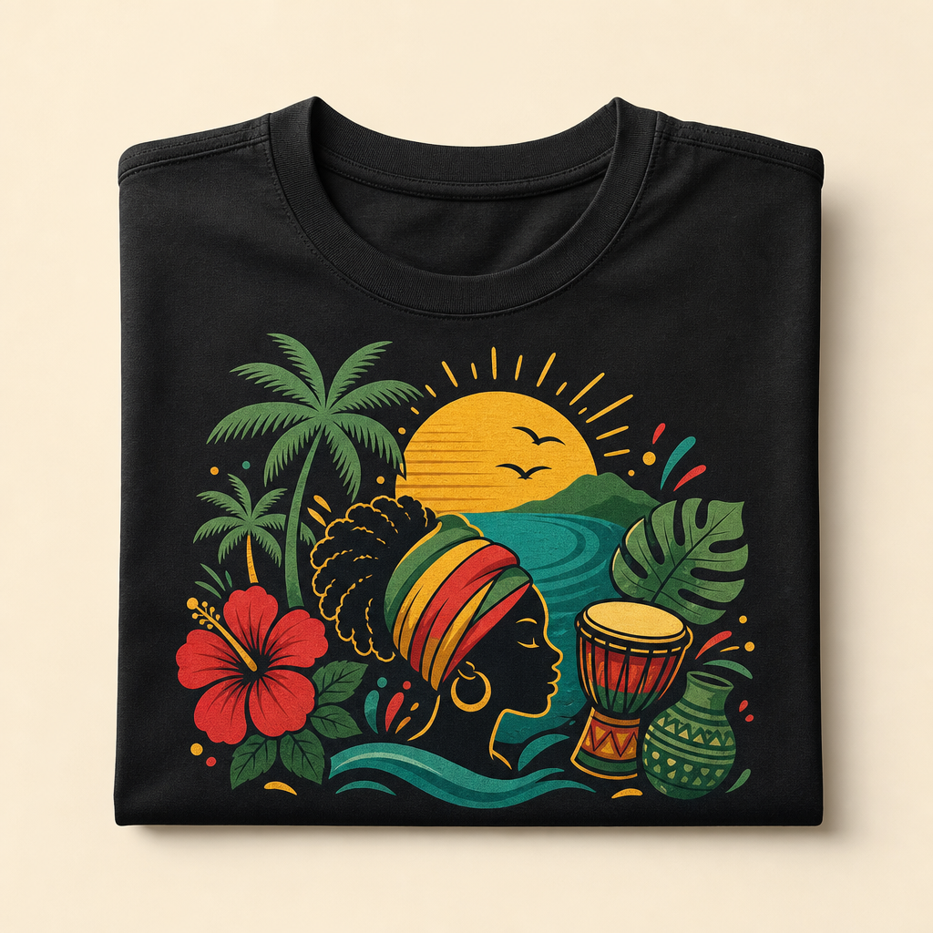 Branded Irie Island Gems T-shirt mockup in vibrant Jamaican-inspired colors on a clean studio backdrop