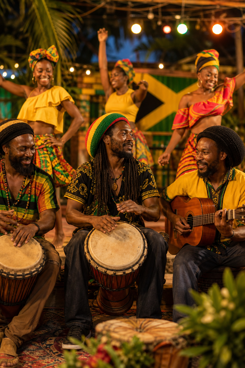 Live Jamaican cultural music moment with reggae drummers and dancers in bright traditional colors under warm evening lights