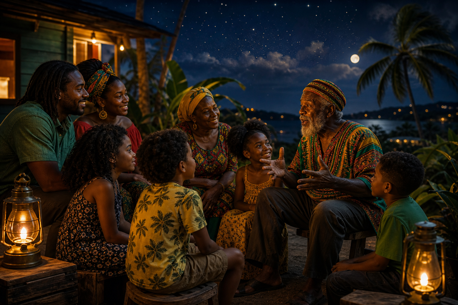 Jamaican family storytelling circle under a warm starry night sky with elders sharing tales and children listening