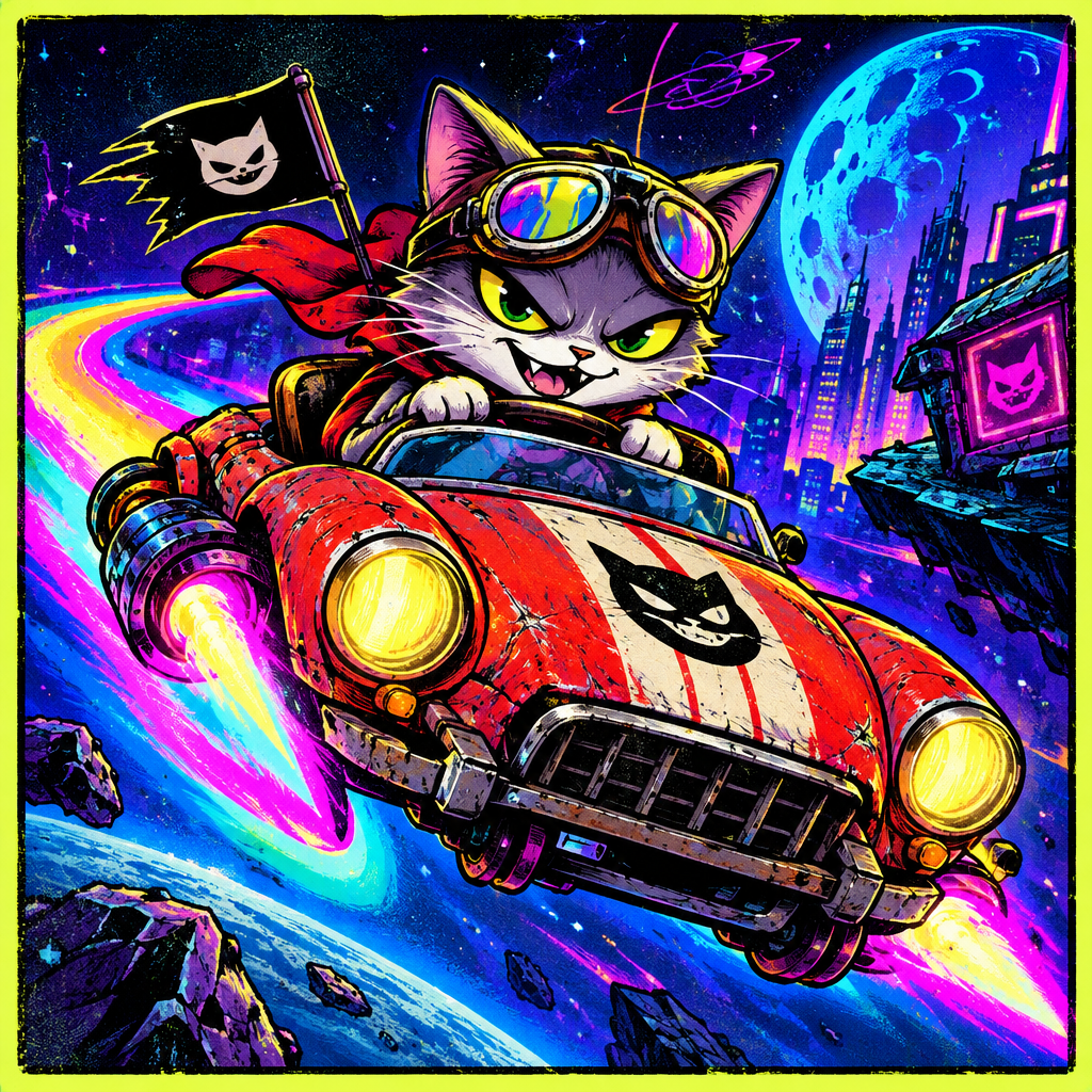 Chaotic flying cat in a scrappy retro roadster with neon trail and comic expression