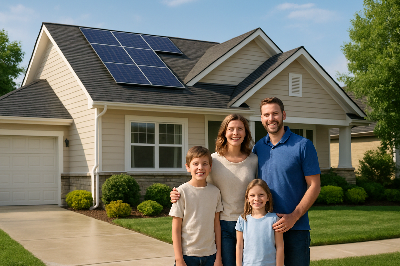 Happy family standing in front of a modern home with a new roof, solar panels, and a freshly cleaned exterior