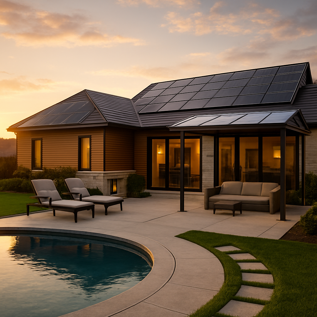 Happy family standing in front of a modern home with a new roof, solar panels, and a freshly cleaned exterior