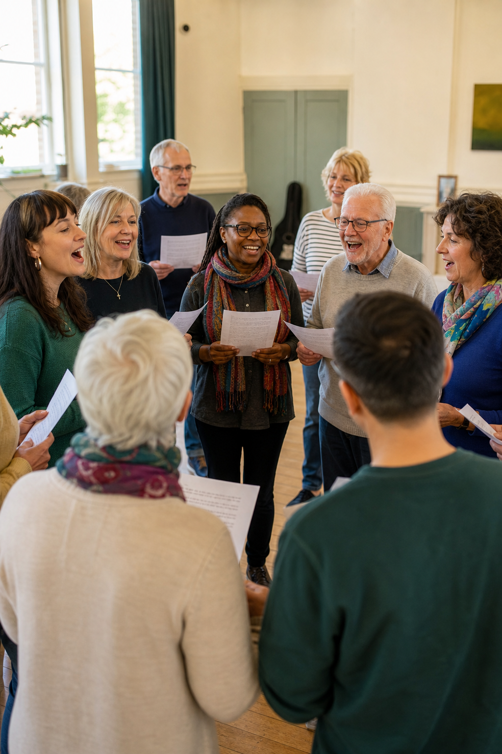Candid rehearsal moment with a diverse group of adults standing in a relaxed circle, smiling and singing together in a bright local community hall