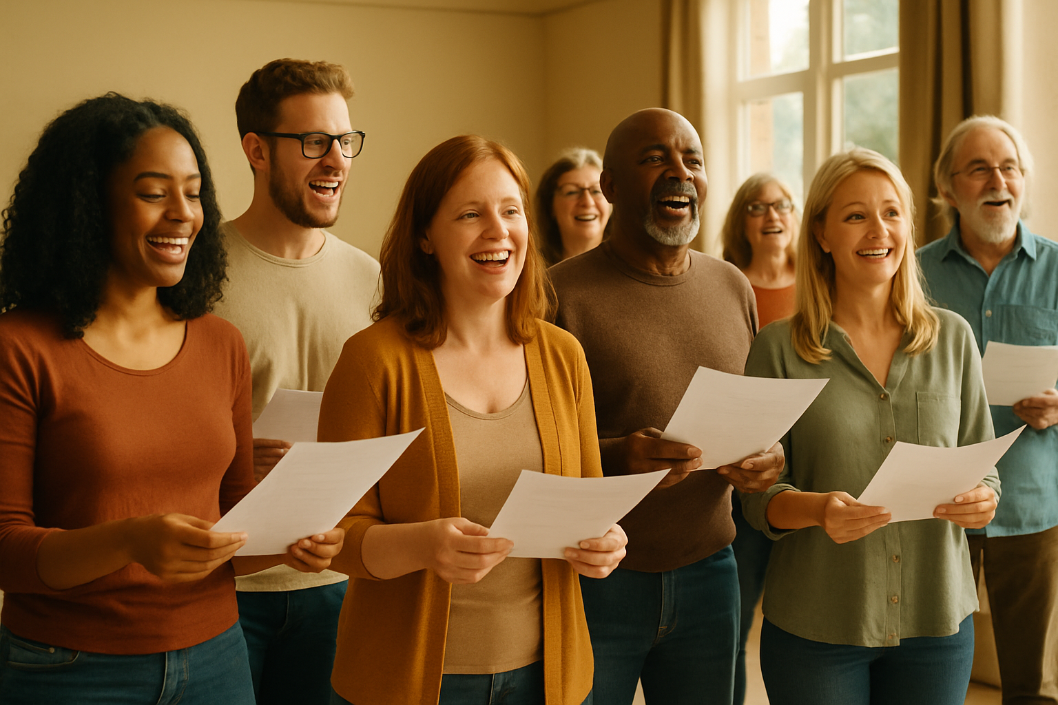 Diverse adults singing together in a warm local community hall during a welcoming no-audition choir session