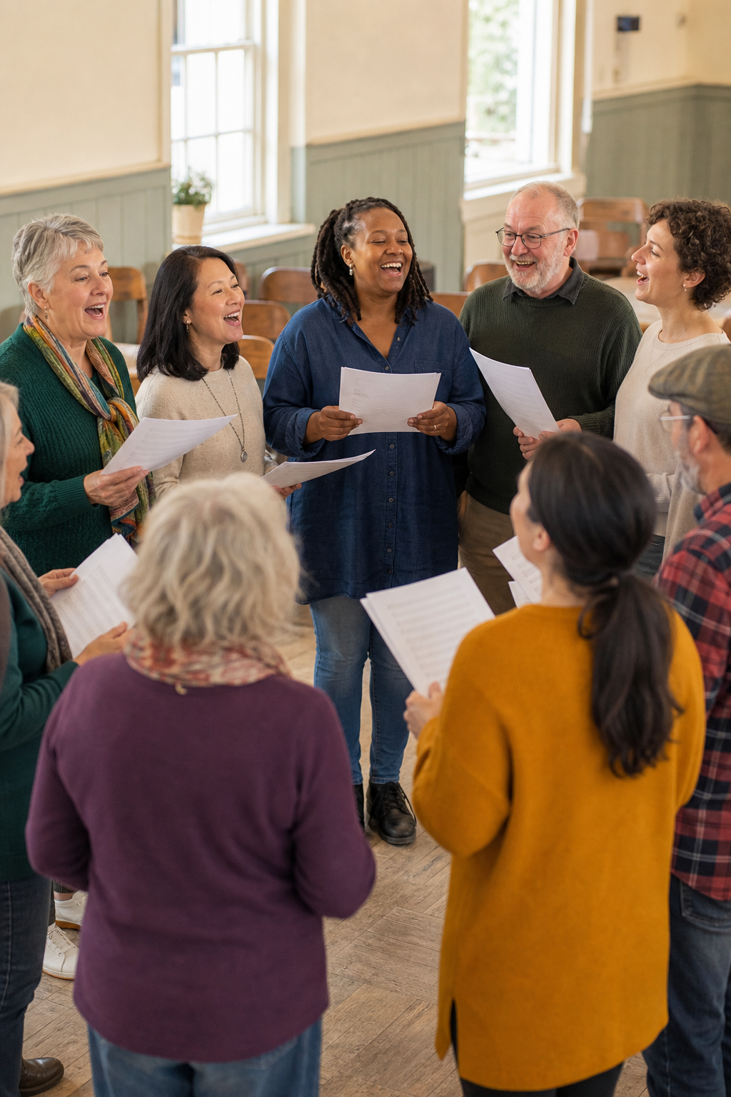 Warm community singing moment with adults standing together in a friendly local hall