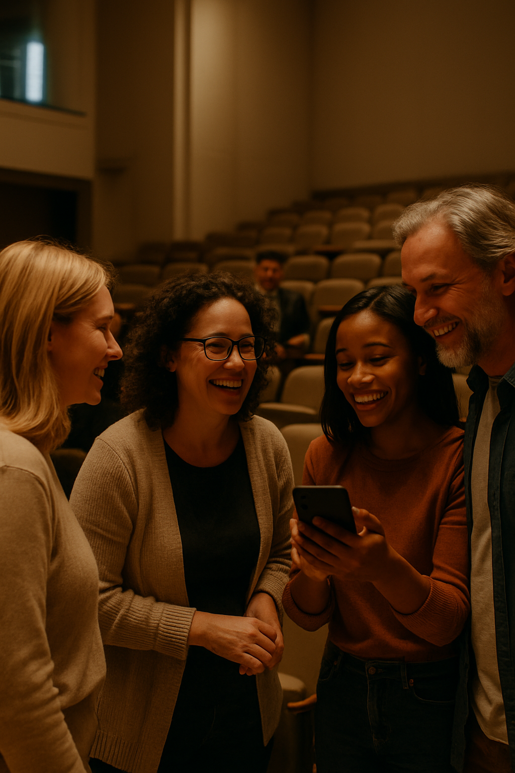 Audience members chatting and taking photos after a local choir showcase, with joyful candid expressions and cozy evening light