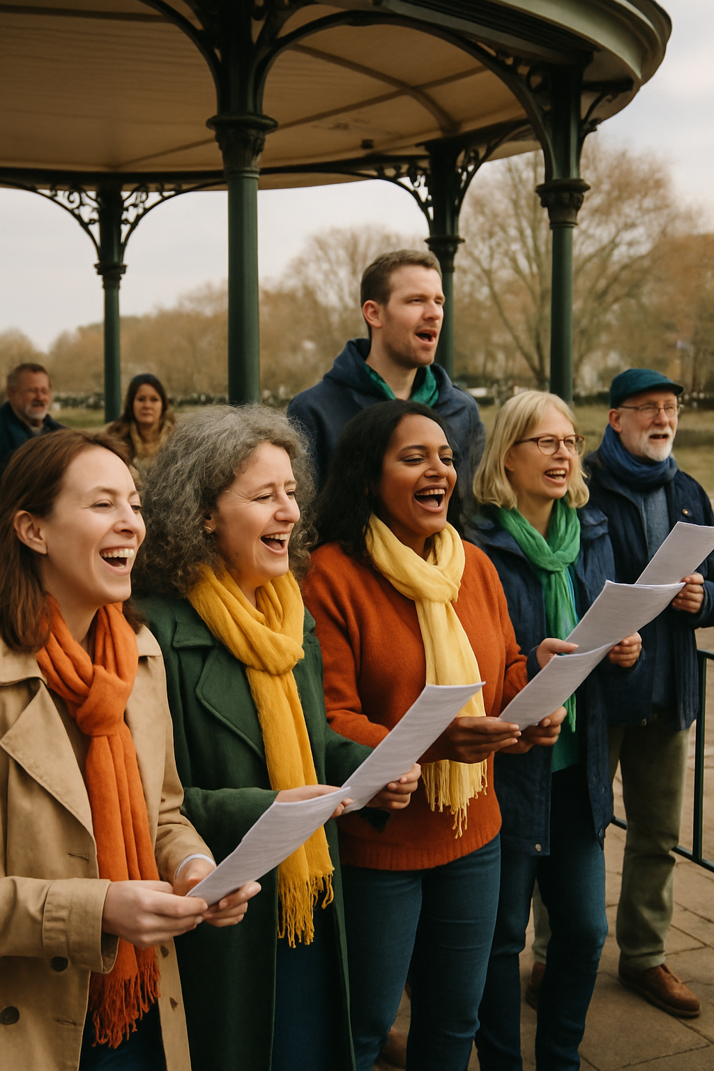 Outdoor choir gathering with members in bright scarves singing near a riverside bandstand during a daytime community event