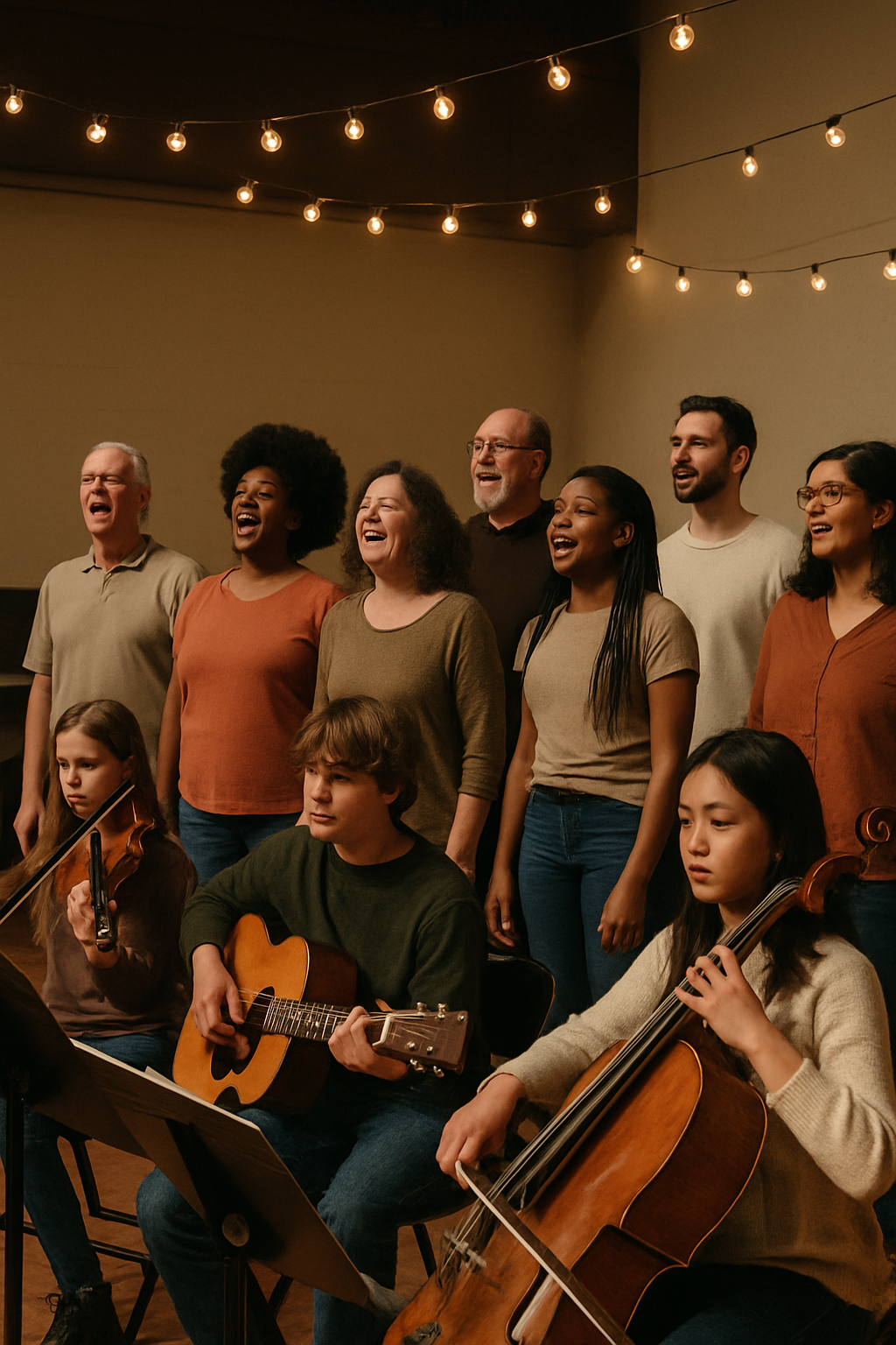 Small mixed-age choir performing alongside a local youth music group on a community center stage with warm string lights