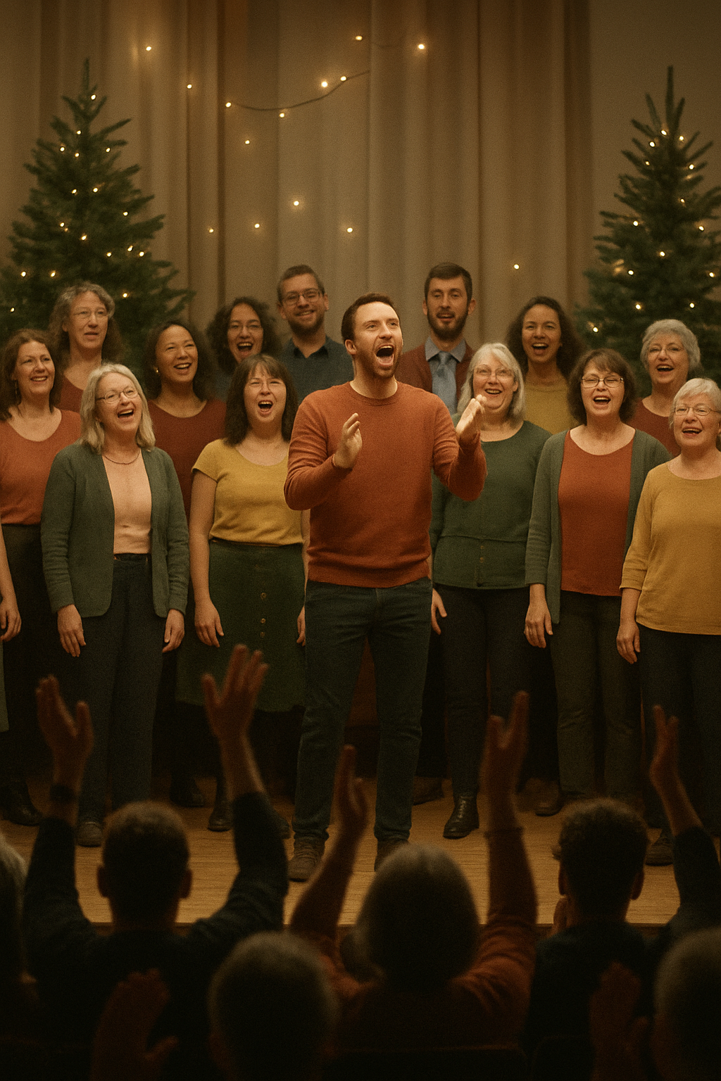 Large choir finale moment at a seasonal concert with layered harmonies, festive lighting, and a standing ovation