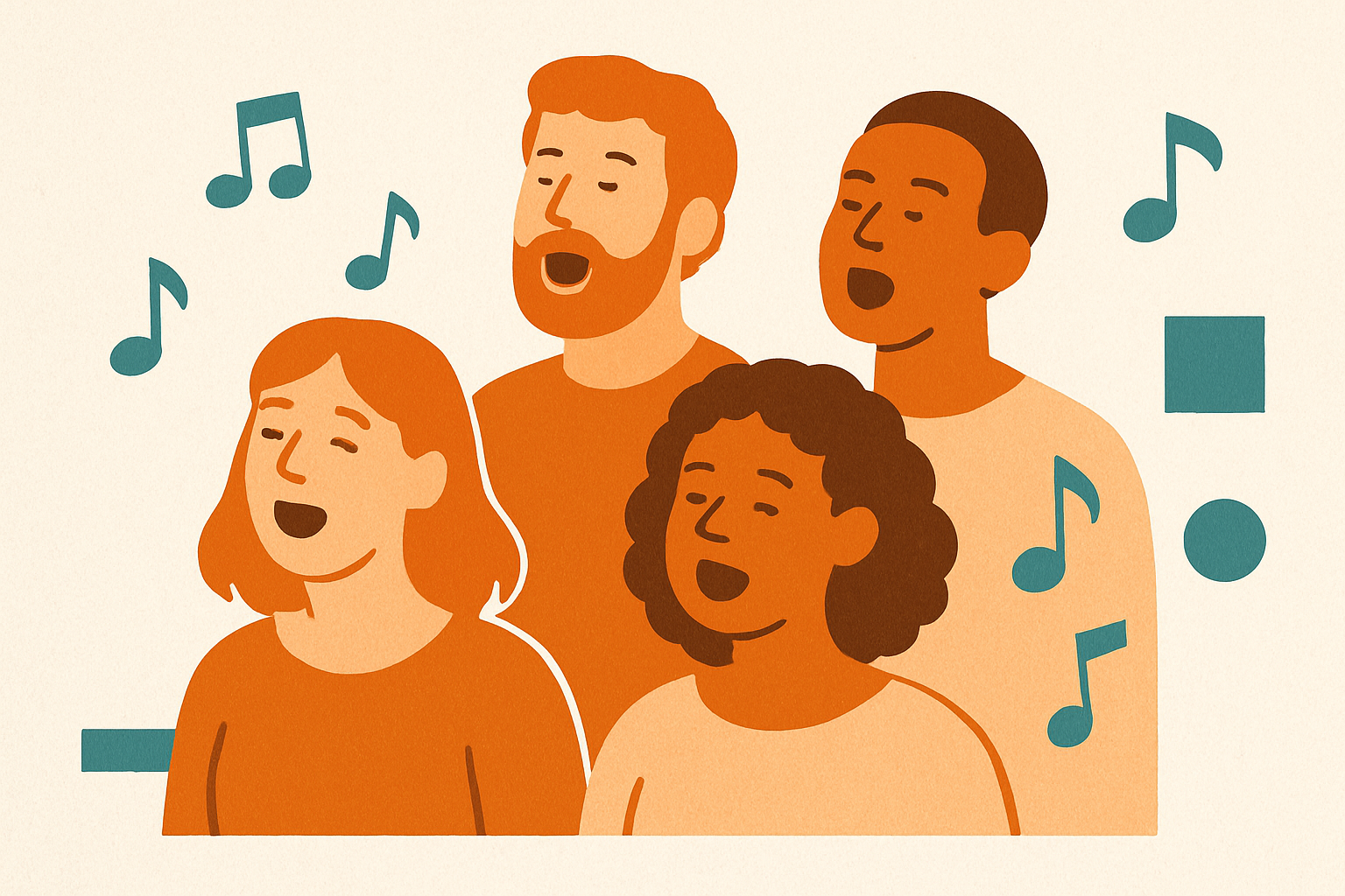 Illustrated choir media poster with orange singing figures, floating music notes, teal accents, and a warm off-white paper background