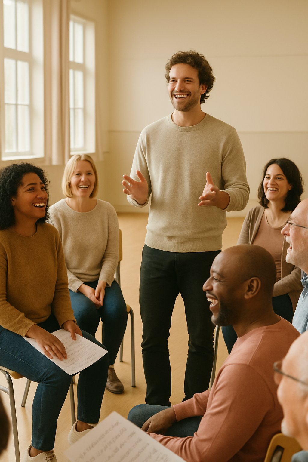 Choir director guiding a relaxed circle rehearsal while new members follow lyric sheets and laugh together in a bright hall